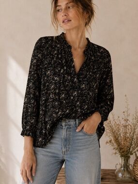 Black Floral Blouse Boho Cottagecore Ruffle Sleeve Top Small Flowy Whimsigoth